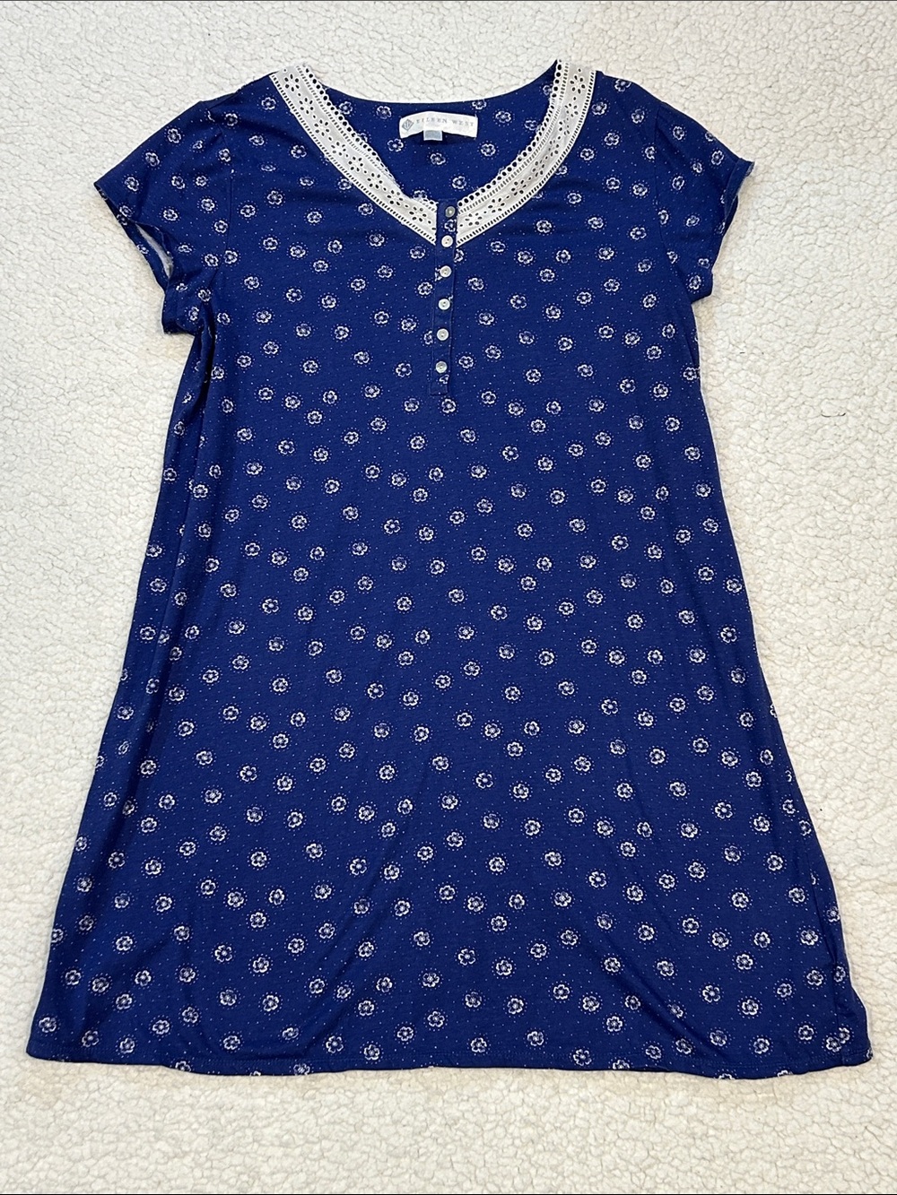 Eileen West Cap Sleeve Eyelet Trim Short Cotton Nightgown Medium Blue Floral
